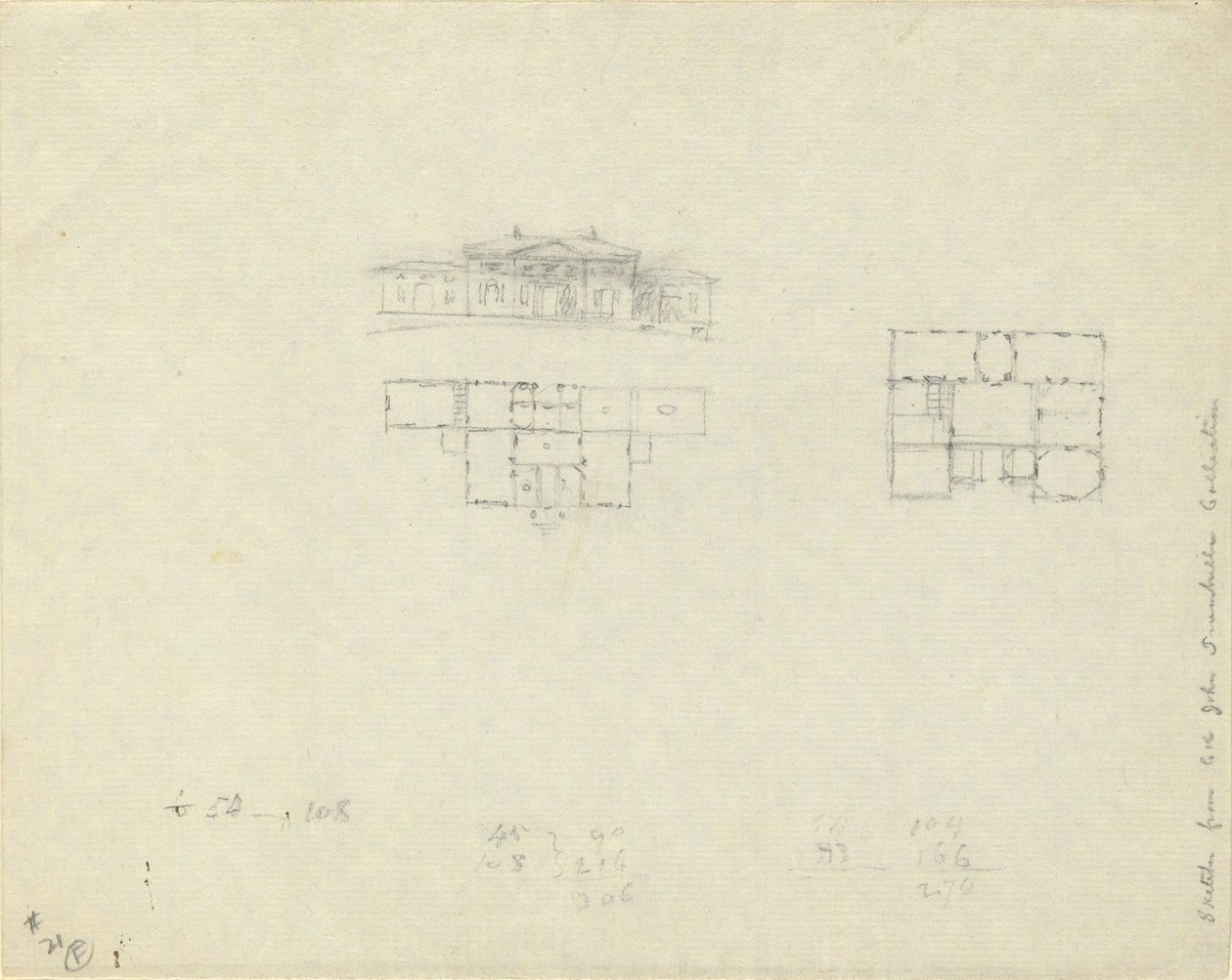 Opstalt og grundplan for stort hus af John Trumbull