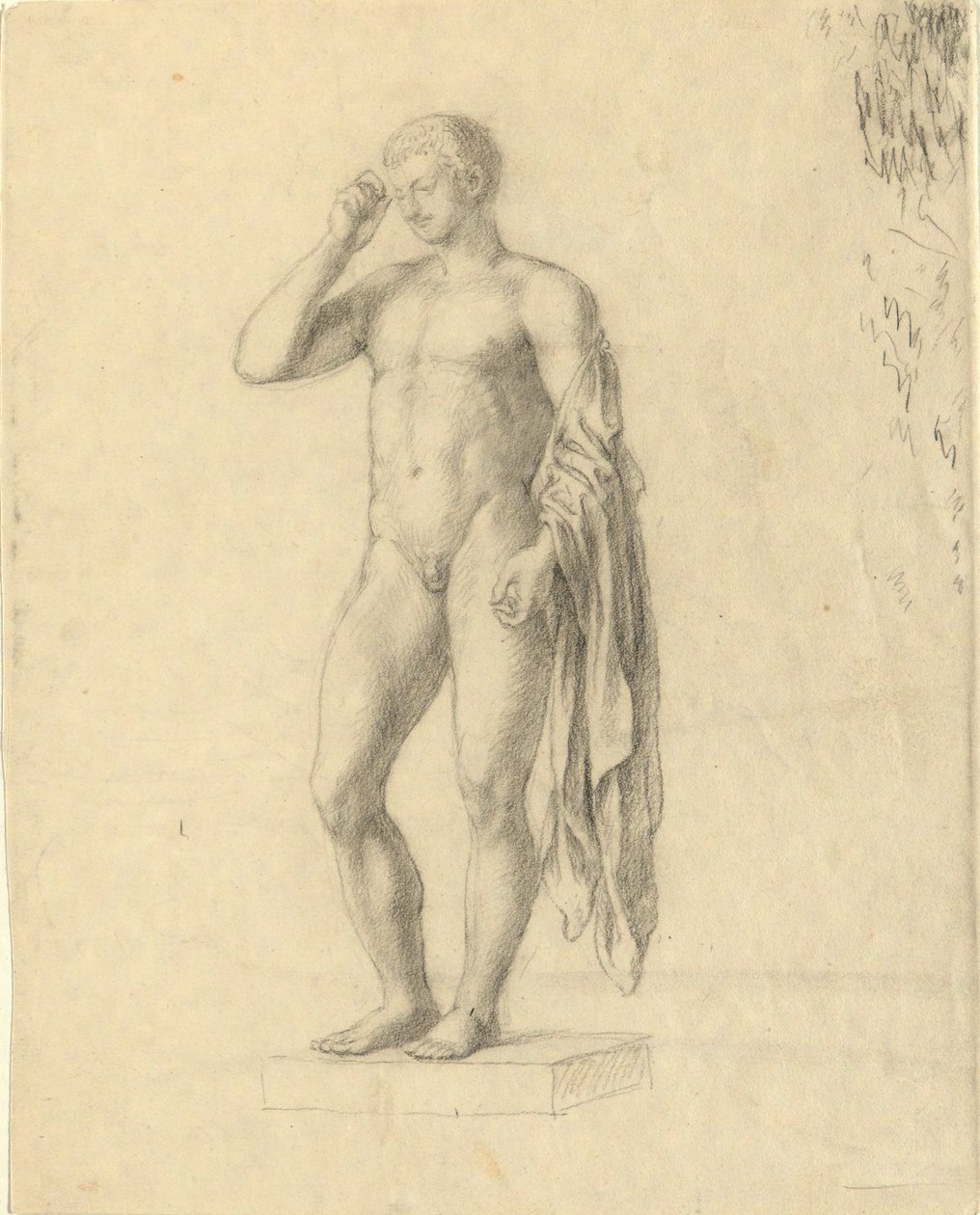 Nøgen mandsfigur (klassisk) viser venstre (?) side af John Trumbull
