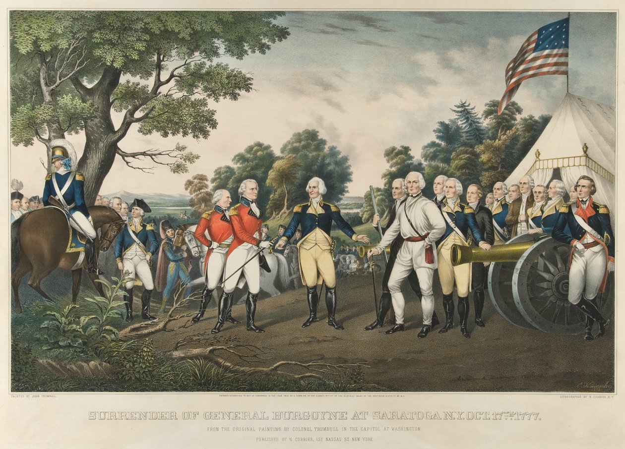 Overgivelse af general Burgoyne i Saratoga, N.Y., 17. oktober 1777, pub. 1852 af John Trumbull