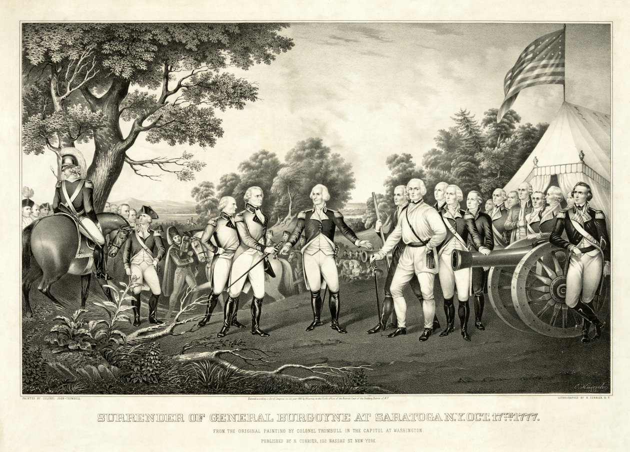 Overgivelse af general Burgoyne i Saratoga, N.Y., 17. oktober 1777, pub. N. Currier af John Trumbull