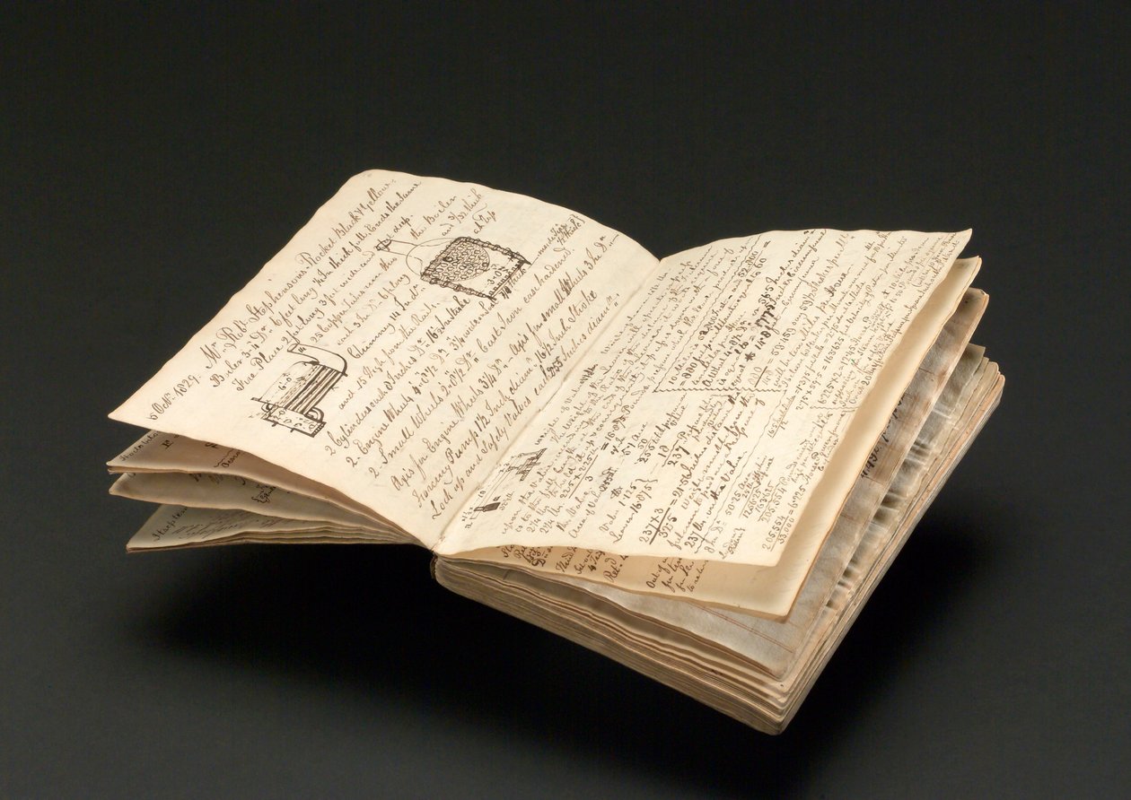 Notesbog tilhørende John Urpeth Rastrick, der blev brugt til at registrere detaljer om Rainhill lokomotivforsøgene i 1829 (pen og blæk på papir) af John Urpeth Rastrick