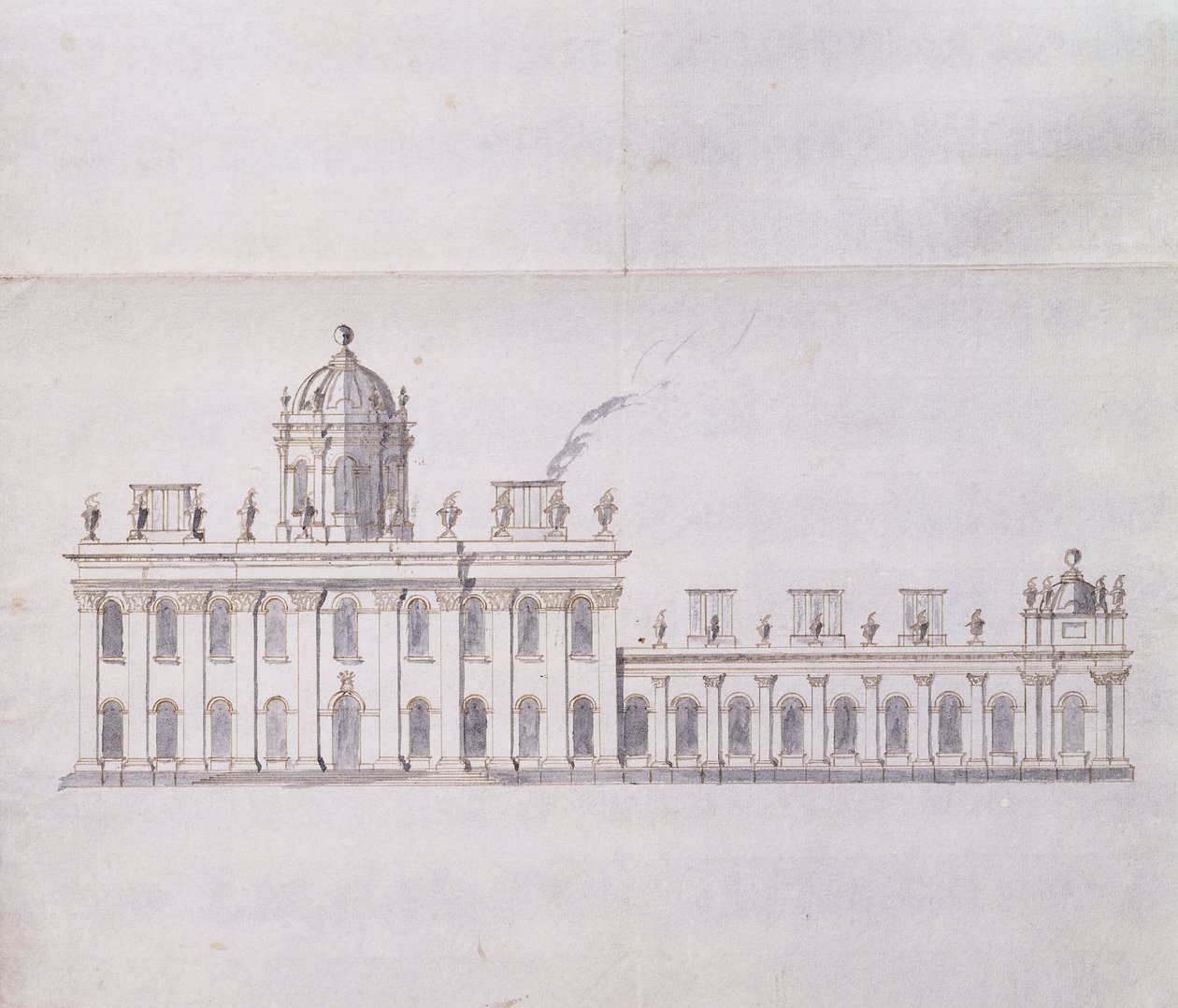 Castle Howard, Yorkshire: En skematisk blyantskitse, der viser udviklingen af forgårdsvingerne, ca. 1699 (pen og brunt blæk og grå vask) af John Vanbrugh