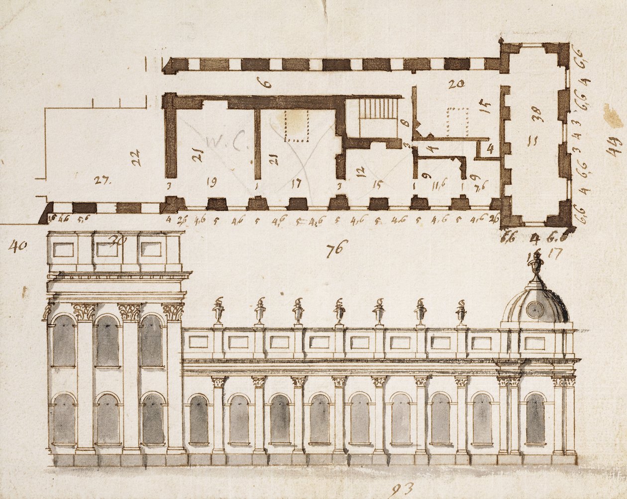 Castle Howard, Yorkshire: An Early Design for the three Bays of the Elevation of the South eller Garden Front og ni Bay enkelt-etagers lavere laterale vinger med en indsat grundplan, ca. 1699 (pen af John Vanbrugh