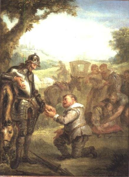 Don Quixote efter duellen med den modige Biscayan læner sig op ad sin hest Rosinante, mens Sancho Panchez beder om guvernørposten på øen Barataria, scene fra Cervantes