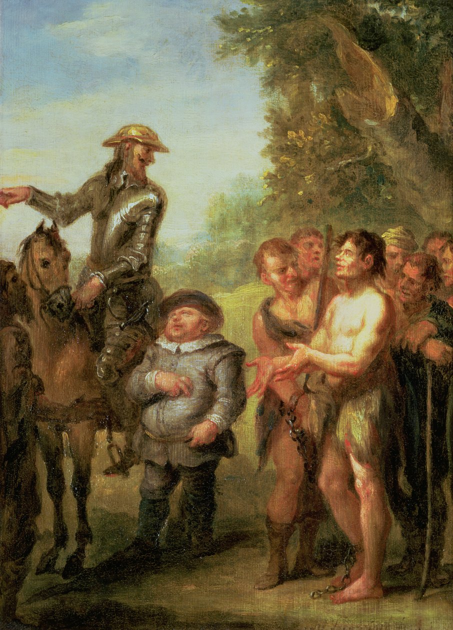 Don Quixote befrier galejslaverne fra Cervantes Don Quixote (panel) af John Vanderbanck