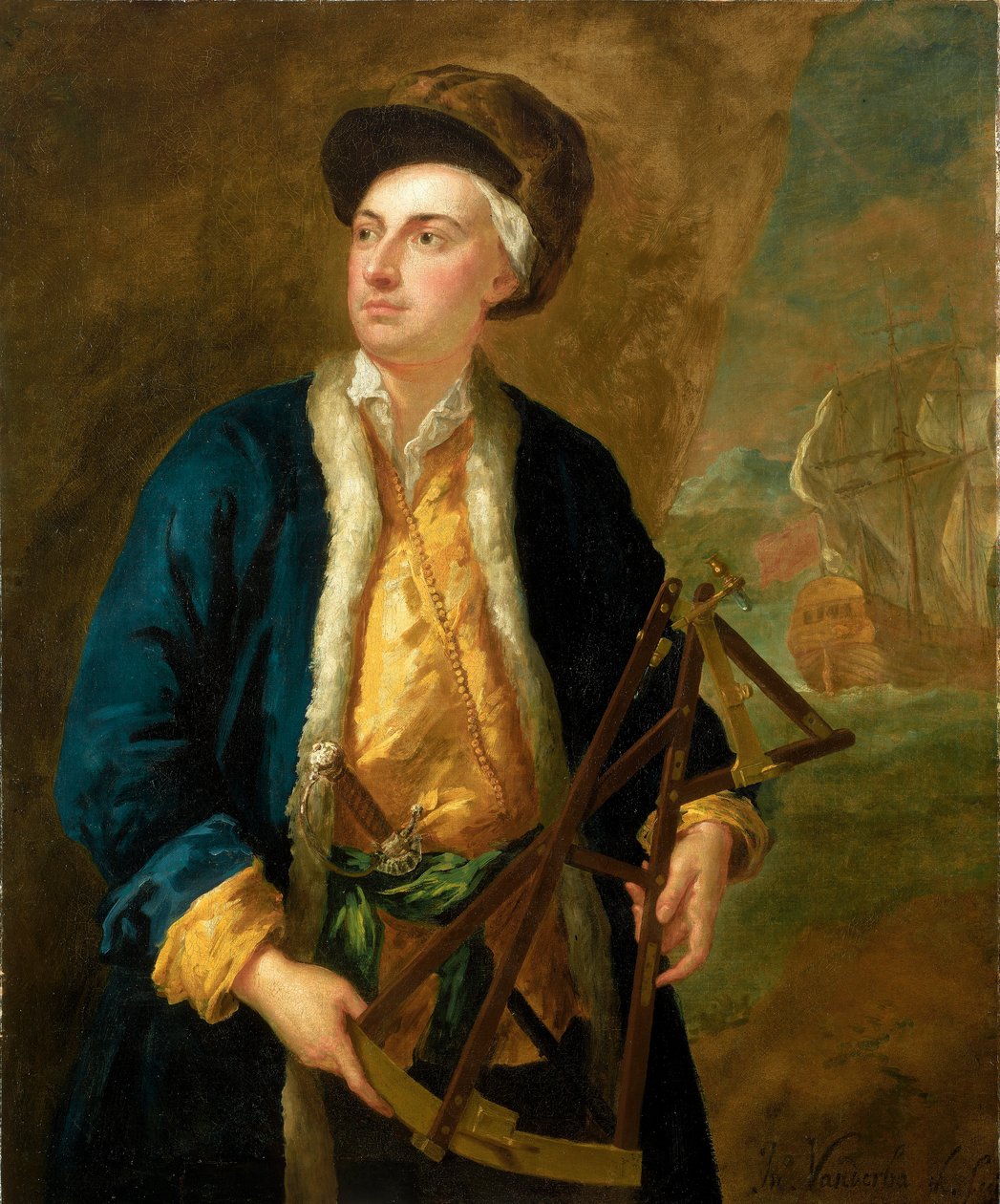 En handelskaptajn med Eltons kvadrant, ca. 1730 (olie på lærred) af John Vanderbank