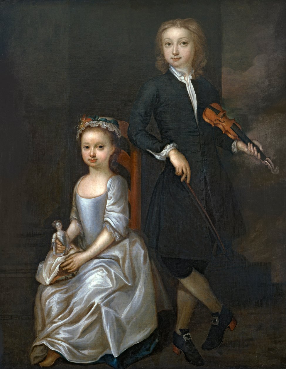En ung dreng holder en violin og en ung pige med en dukke af John Vanderbank