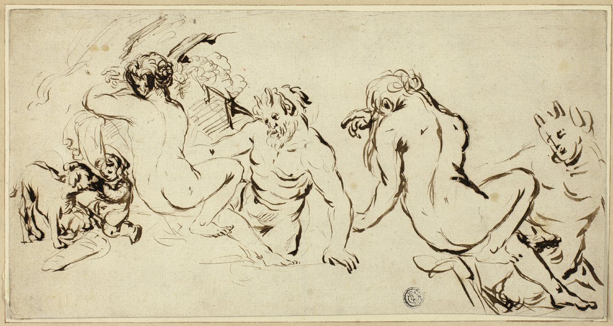 Skitser af nymfe, satyr og putto af John Vanderbank