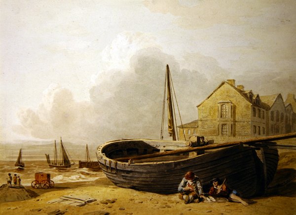 En fiskerbåd tegnet på Hastings Beach (akvarel på papir) af John Varley