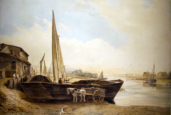En Thames pram strandet til losning (akvarel med spor af blyant på papir) af John Varley