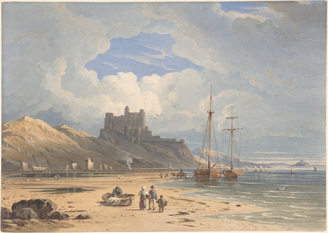 Bamborough Castle fra nordøst med Holy Island i det fjerne, Northumberland af John Varley