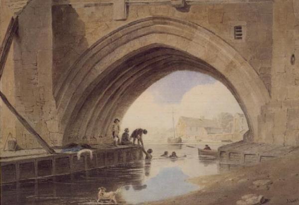 Børn svømmer under Ouse Bridge i York af John Varley