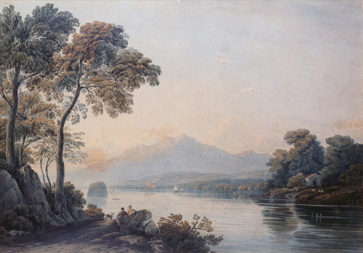 Figurer med en hund på bredden af Lake Killarney (akvarel) af John Varley