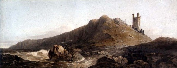 PD.10-1997 Dunstanburgh Castle: The Lilburn Tower, c.1809 (grafit og akvarel på papir) af John Varley