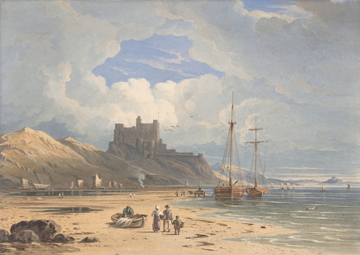 Bamburgh Castle fra nordøst, med Holy Island in the Distance, Northumberland, 1827. af John Varley I