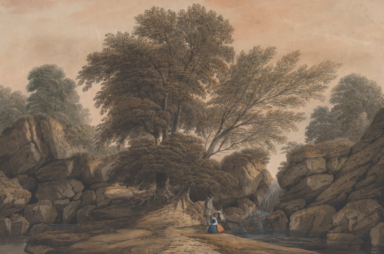 Figurer ved siden af et vandfald og en pool i et skovklædt landskab, 1812. af John Varley I