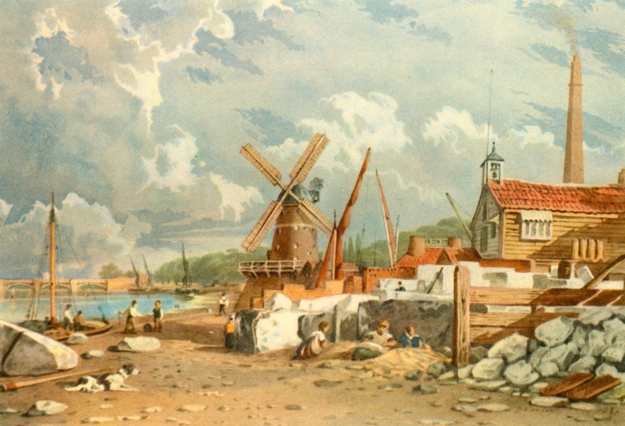 Randalls Flint Mill, Nine Elms, Battersea, 1830, 1947. af John Varley I