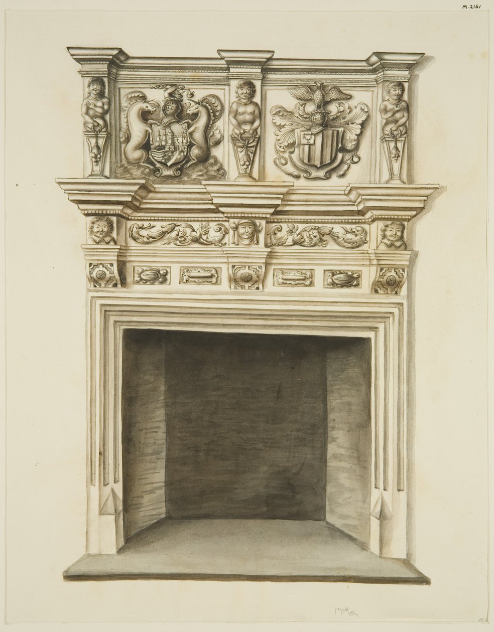 Skorstensstykke i tidligere bolig for Sir John Knight, Temple Street (blyant og akvarel på papir) af John W. Brett