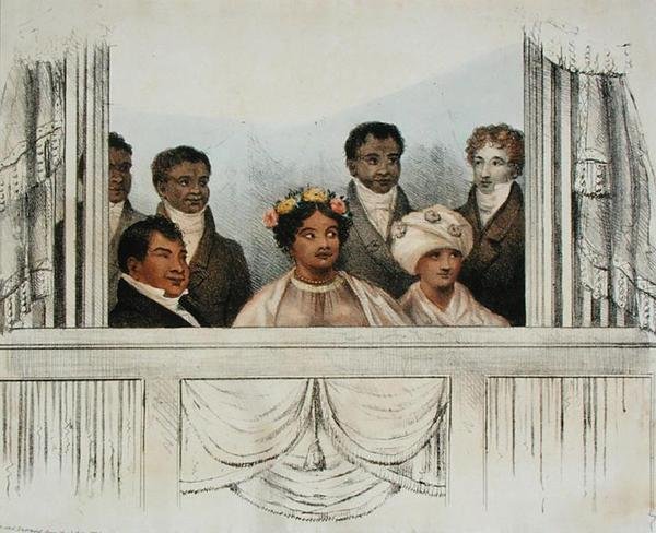 Deres Majestæter Kong Rheo Rhio, Dronning Tamehamalu, Madame Poki, af Sandwichøerne og suite, da de dukkede op på Theatre Royal, Drury Lane, 4. juni 1824 af John W. Gear