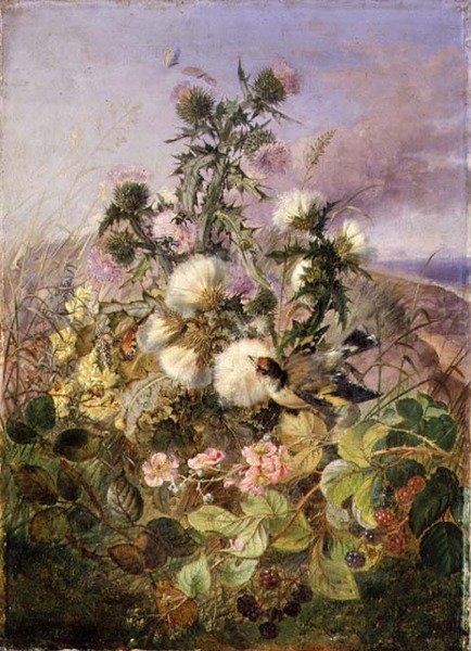 En guldfink og en sommerfugl blandt tidsler og brombærblomster af John Wainwright