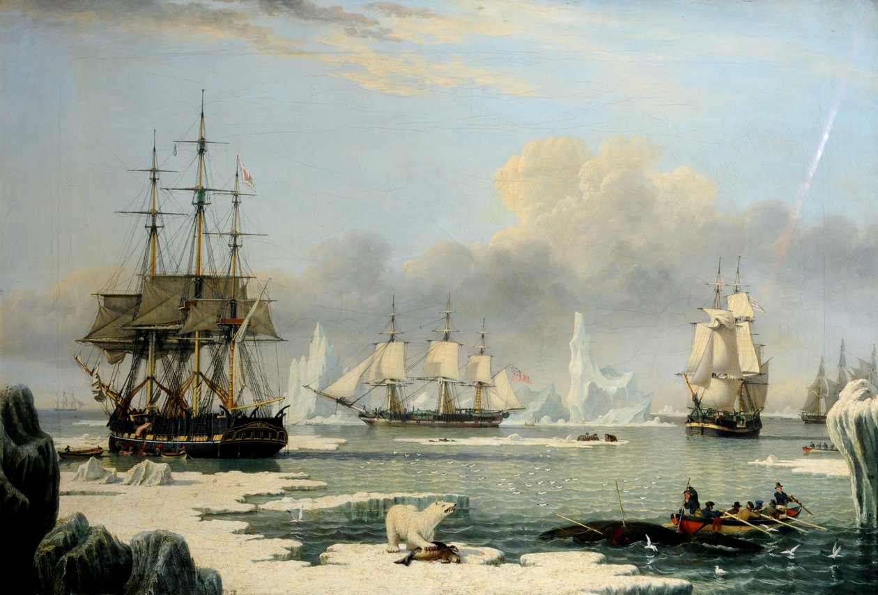 Hvalfangere i Arktis 1820-49, ca. 1830 (olie på lærred) af John Ward