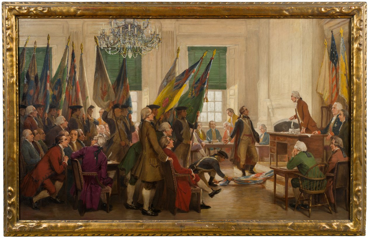 Fangede flag fra Yorktown lagt ved fødderne af Kongressen af John Ward Dunsmore