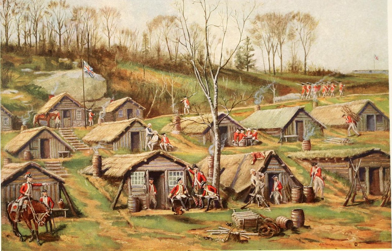 The Hut Camp på Dyckman Farm, illustration fra Relics of the revolution; historien om opdagelsen af de begravede rester af militært liv i forter og lejre på Manhattan Island af Reginald Pelha af John Ward after Dunsmore