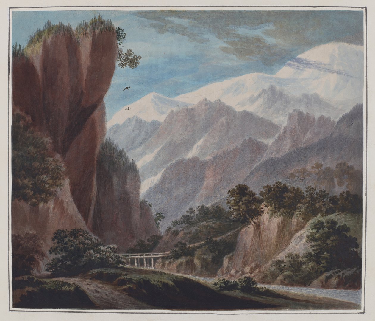 Opstigning fra Sallanches-dalen til Chamonix, ca. 1781 (akvarel, blyant og tyggegummi arabisk på papir) af John Warwick Smith