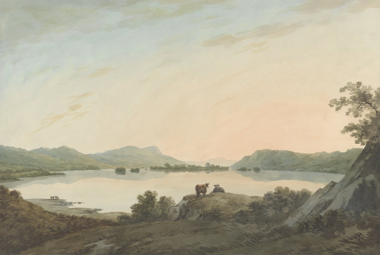 Lake Windermere fra Calgarth med Belle Isle (akvarel over grafit på papir) af John Warwick Smith