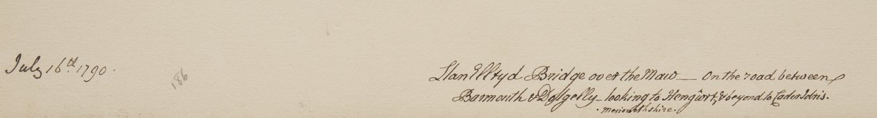 Llanelltyd Bridge over Maw, på vejen mellem Barmouth og Dolgellau, ser til Hengwrt og videre til Cader Idris, Merionethshire, 16. juli 1790 af John Warwick Smith