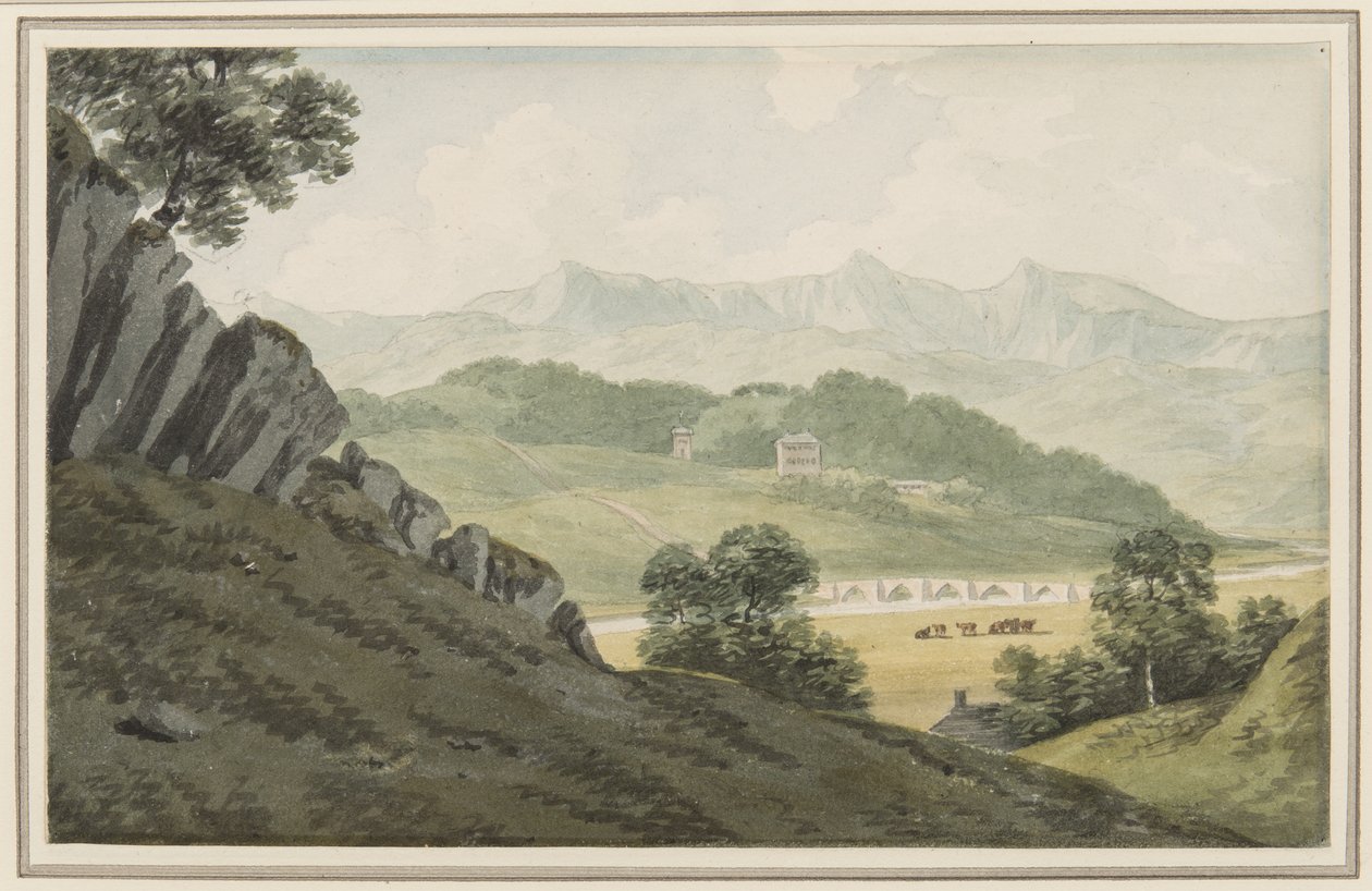 Llanelltyd Bridge over Maw, på vejen mellem Barmouth og Dolgellau, med udsigt til Hengwrt og videre til Cader Idris, Merionethshire, 16. juli 1790 (wc på papir) af John Warwick Smith
