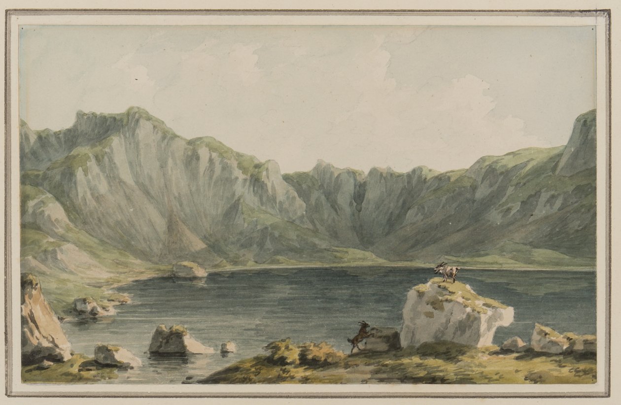 Llyn Idwal, ved tilgangen til den fra Llyn Ogwen, Carnarvonshire, ca. 1795 (wc på papir) af John Warwick Smith
