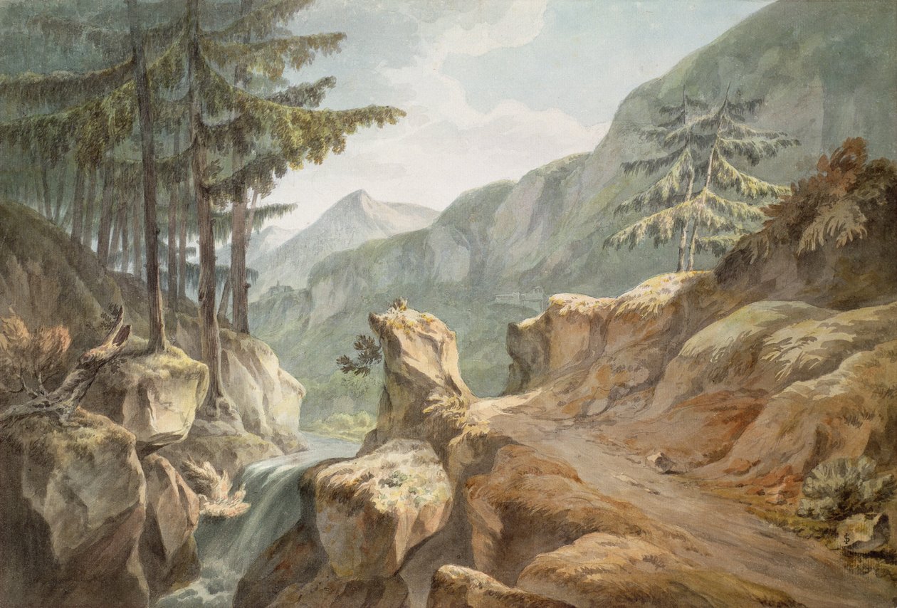 Mount Splugen, schweizisk-italiensk grænse, 1781 (wc på papir) af John Warwick Smith