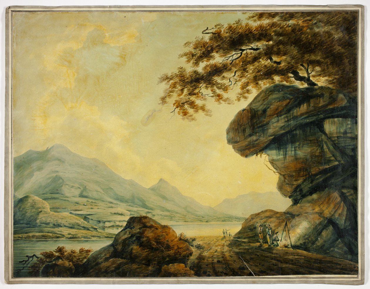 Rejsende laver mad i vejkanten ved søen af John Warwick Smith