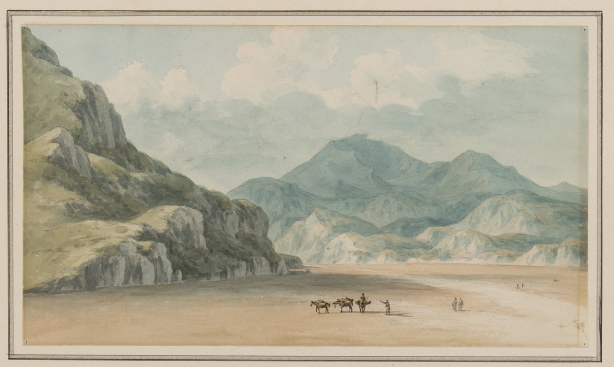 Udsigt over Fraeth Mawr Sands, mod Snowdon, på vej over dem mellem Penmorsa og Cynant, Merionethshire, 21. juli 1795 (wc på papir) af John Warwick Smith