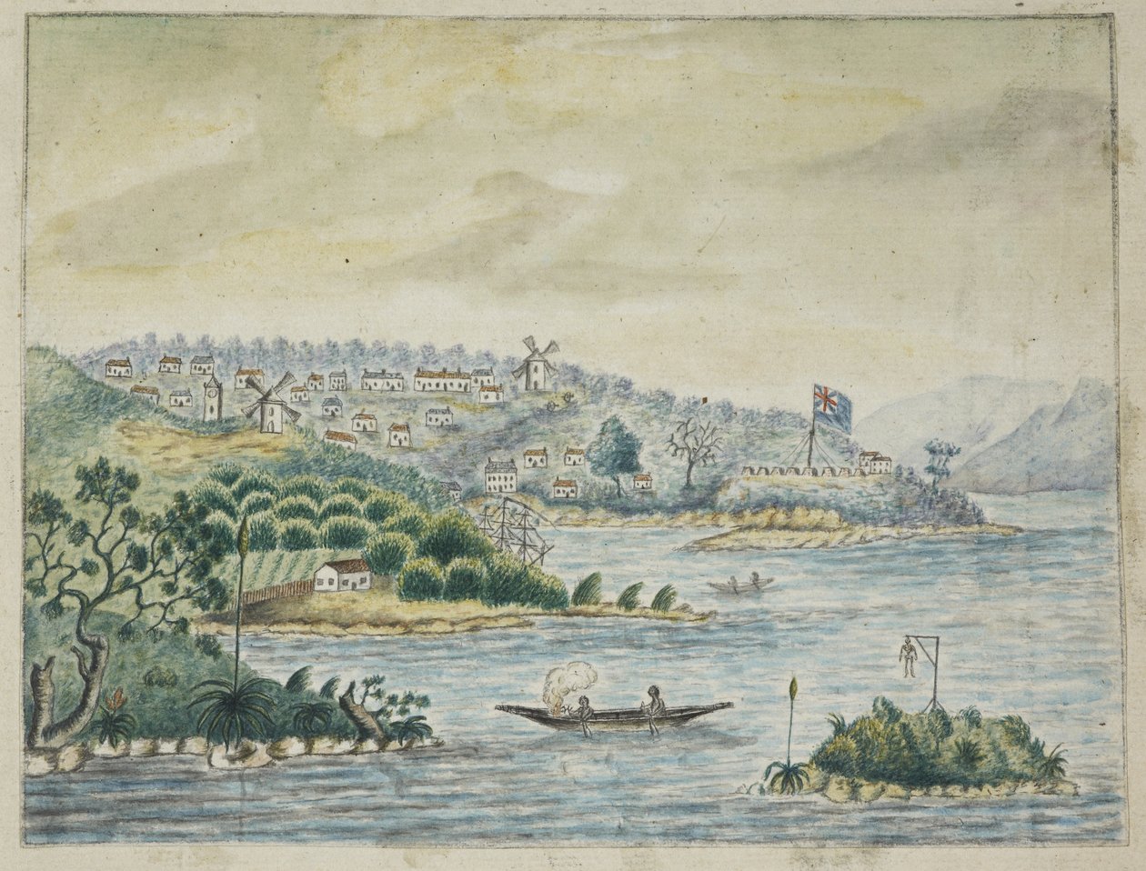 Tilføje. 13880, f.79 Udsigt over en britisk koloni. I forgrunden, indfødte i en kano, fra en Journal holdt ombord på Minerva-transporten, fra Irland til New South Wales og Bengal, af John Washington Price af John Washington Price