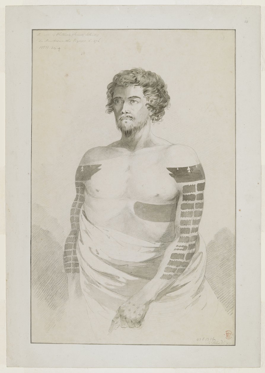 (Hel tegning) Portræt af en høvding fra Borabora, [Puni?]; en skægget mand med arme stærkt tatoveret med flade rektangulære pletter og et stort plaster på venstre side. december 1777 af John Webber