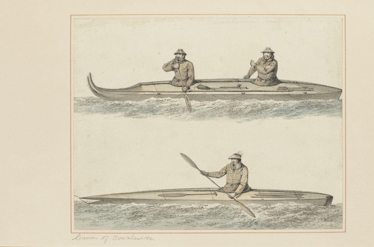 30: Canoes of Onalaska, fra en række akvareller, der illustrerer Captain Cooks sidste rejse, ca. 1773-84 (wc på papir) af John Webber