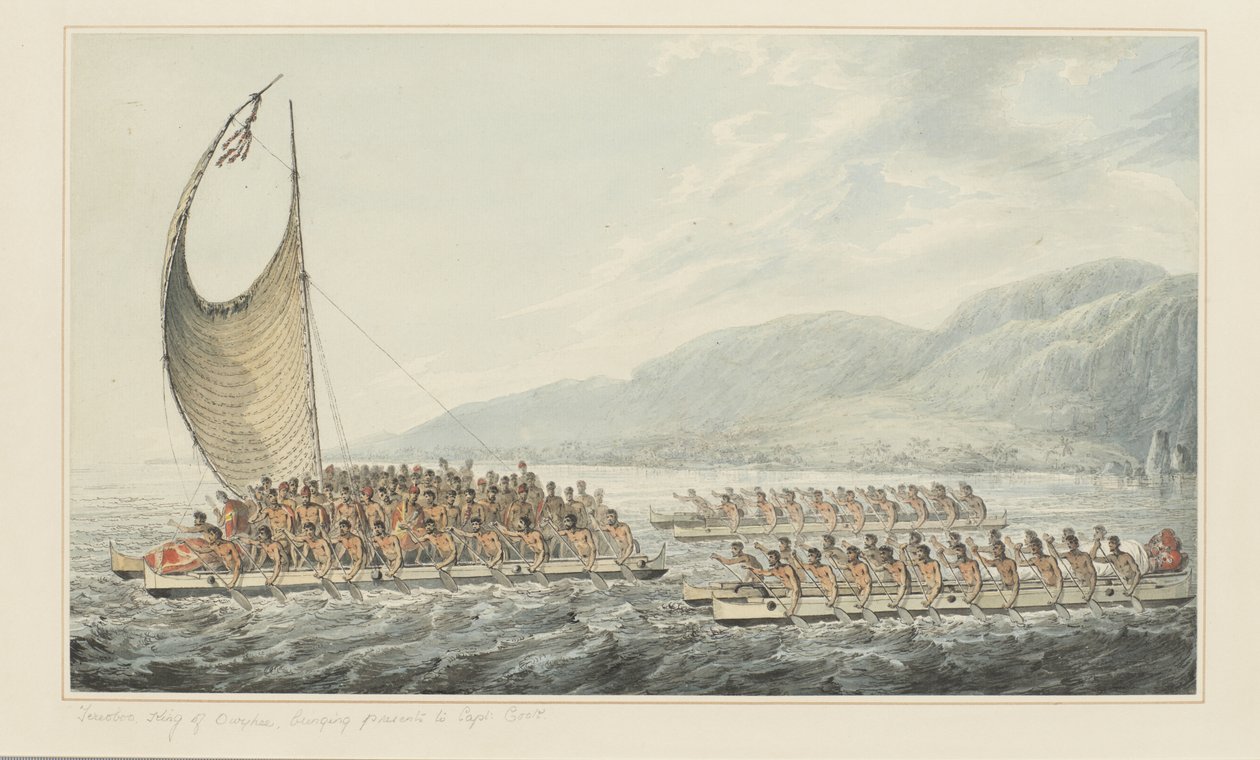 35: Tereoboo, King of Owyhee, bringer gaver til Captain Cook, fra en række akvareller, der illustrerer Captain Cooks sidste rejse, ca. 1773-84 (akvarel på papir) af John Webber