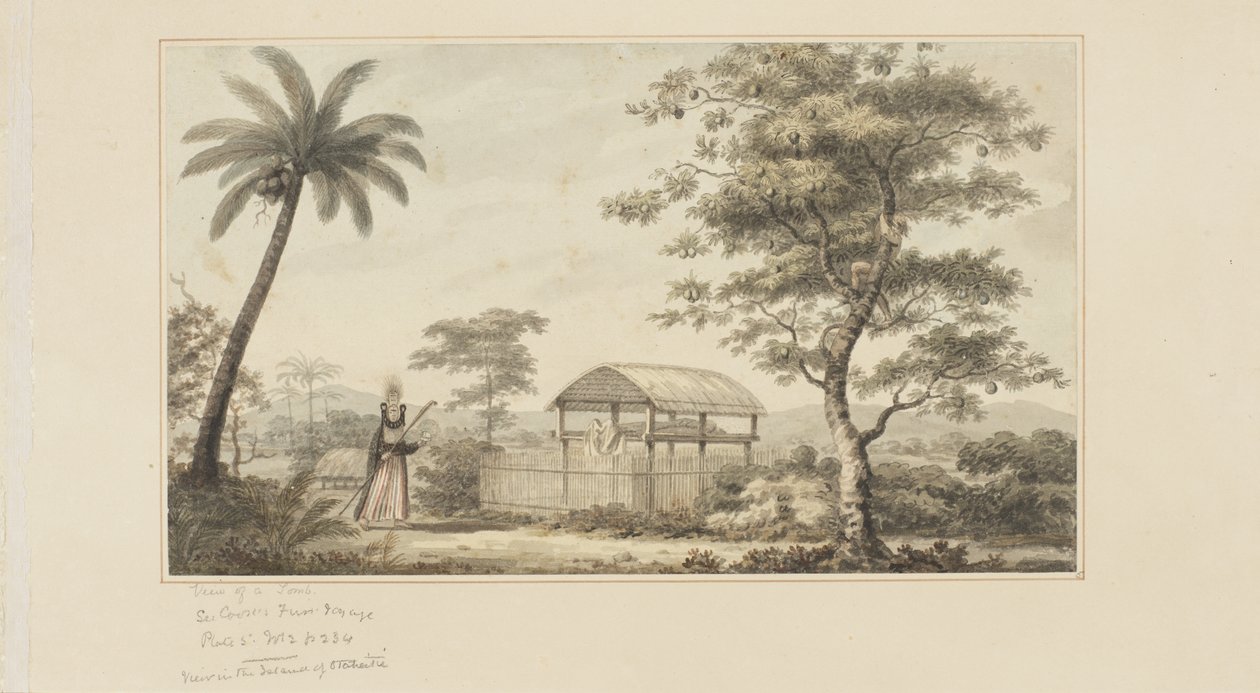 45: View of a Tomb, fra en række akvareller, der illustrerer Captain Cooks sidste rejse, ca. 1773-84 (akvarel på papir) af John Webber