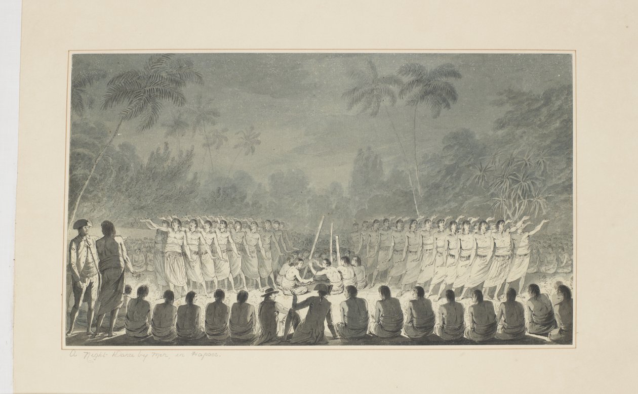 5: A Night Dance by Men, in Hapaee, fra en række akvareller, der illustrerer Captain Cooks sidste rejse, ca. 1773-84 af John Webber