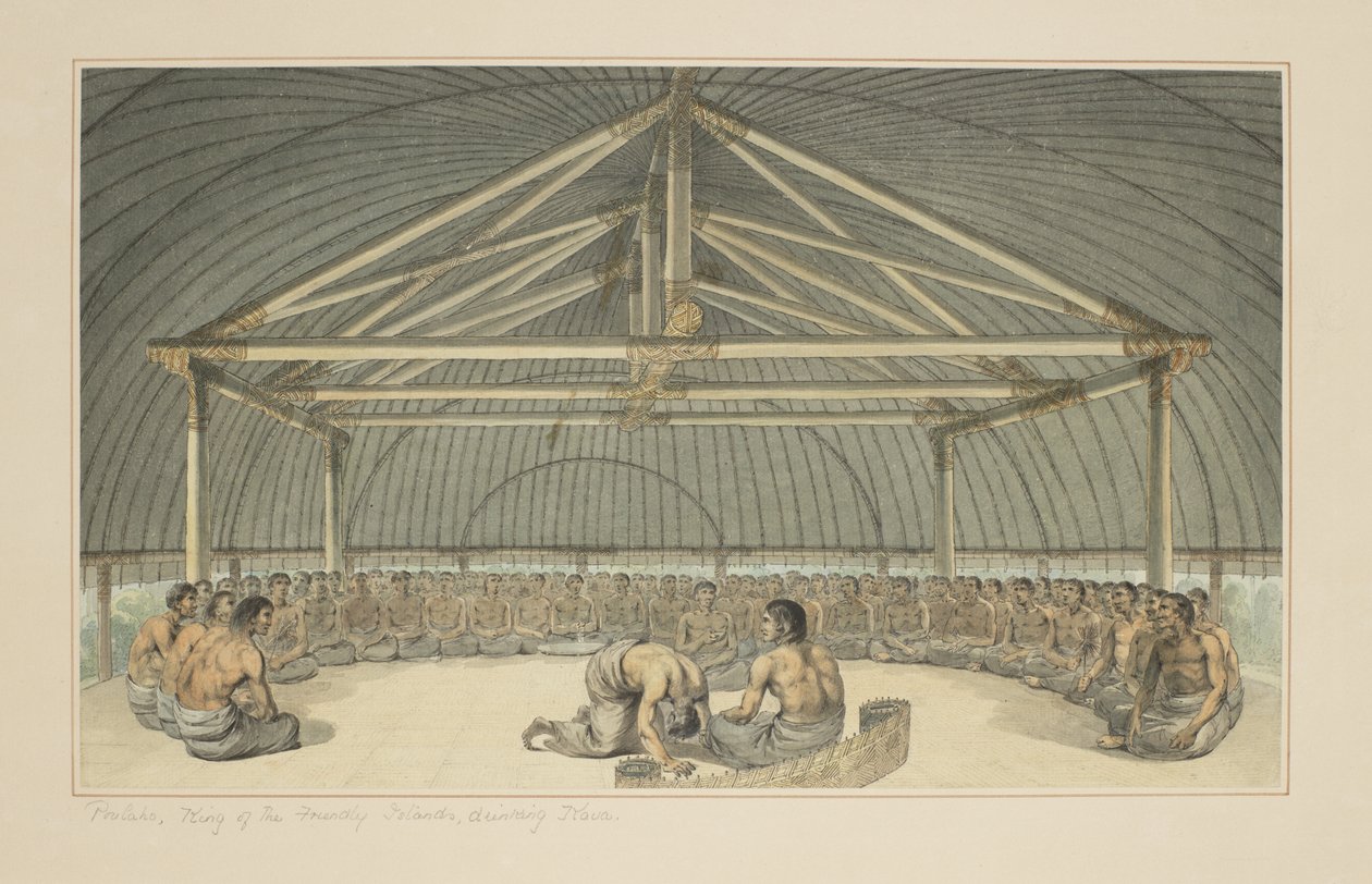 7: Poulaho, konge af de venlige øer, drikker Kava, fra en række akvareller, der illustrerer kaptajn Cooks sidste rejse, ca. 1773-84 af John Webber