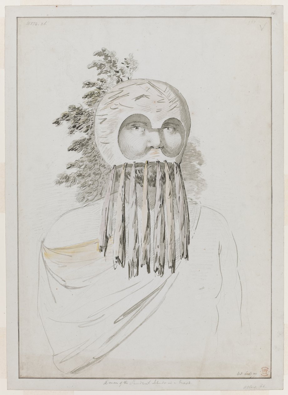 En mand fra Sandwichøerne i en maske. En mand fra Sandwichøerne i en maske bestående af en skålhovedbeklædning med udskæringer til øjnene. af John Webber
