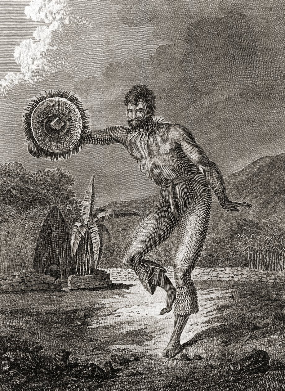 En tatoveret danser i traditionel kostume, Hawaii, 1778 af John Webber