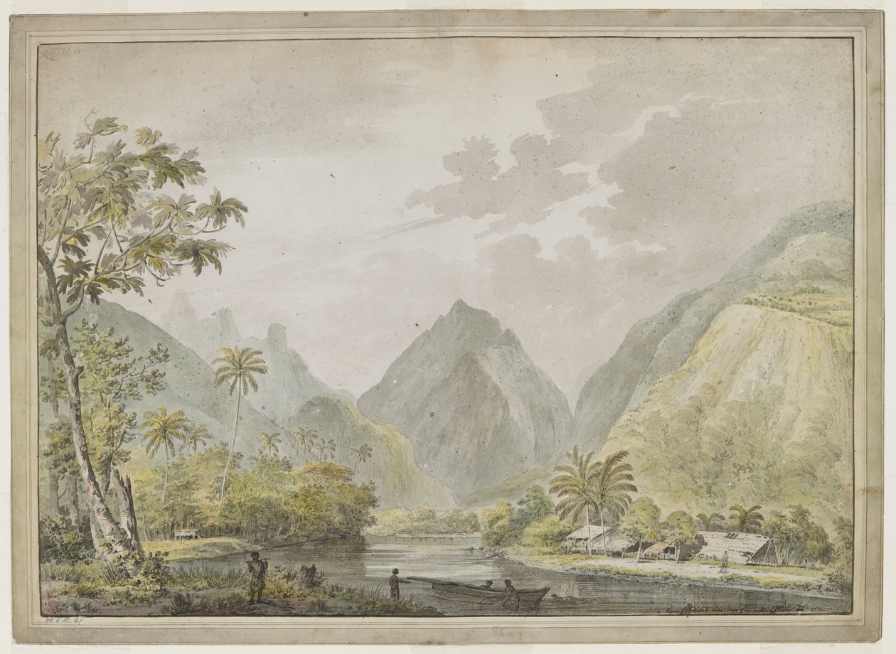 En udsigt op ad Vaitepiha-floden med to tahitianere i en kano i forgrunden og to andre på bredden. Tahitiske huse til højre. august 1777 af John Webber