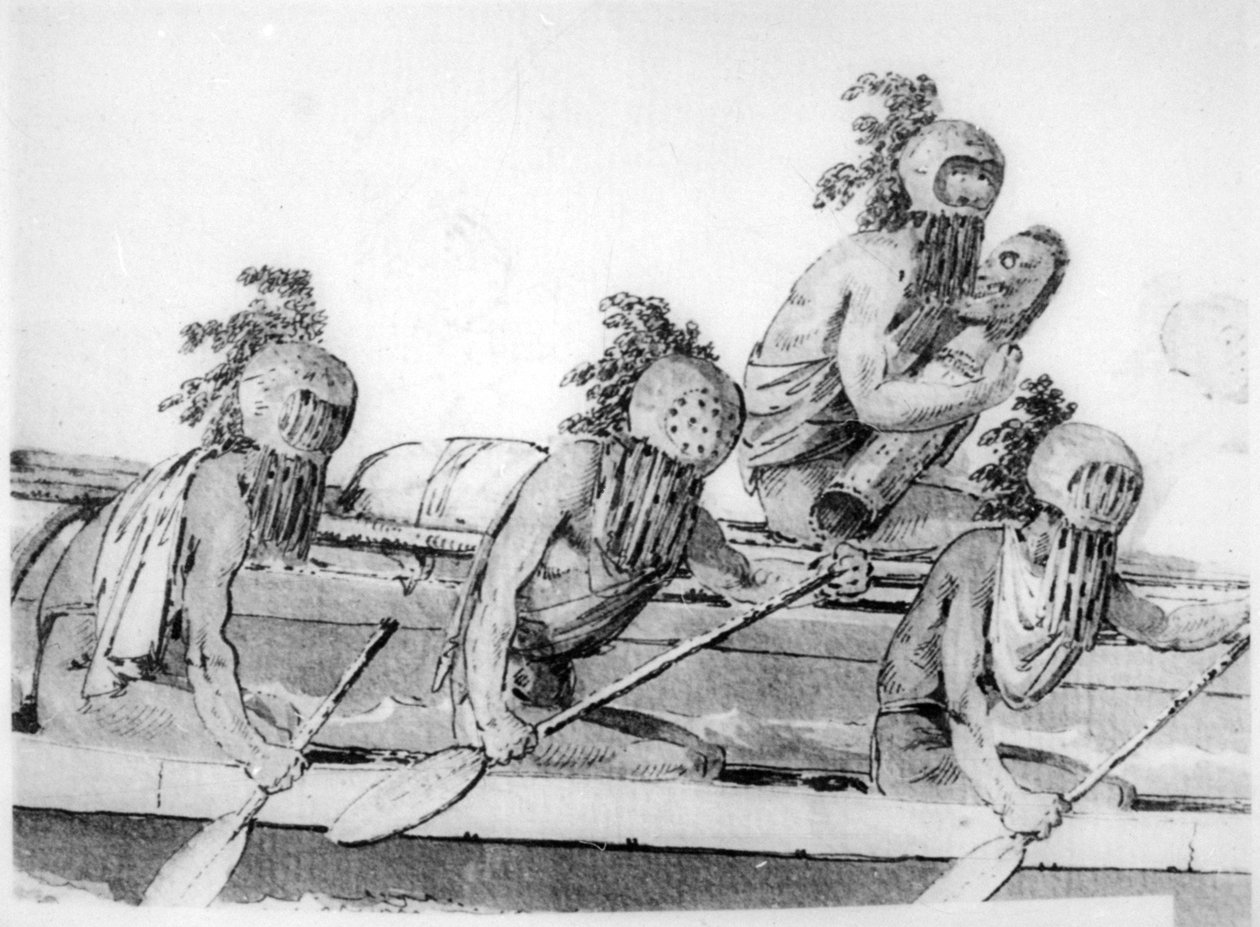 Dobbelt kano med roere, Hawaii, 1700-tallet af John Webber