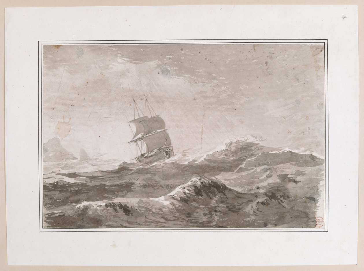 Tegning af et europæisk fartøj under sejl i kraftig sø; sandsynligvis ikke et af Cooks skibe. Lavet under Captain Cooks tredje rejse. af John Webber