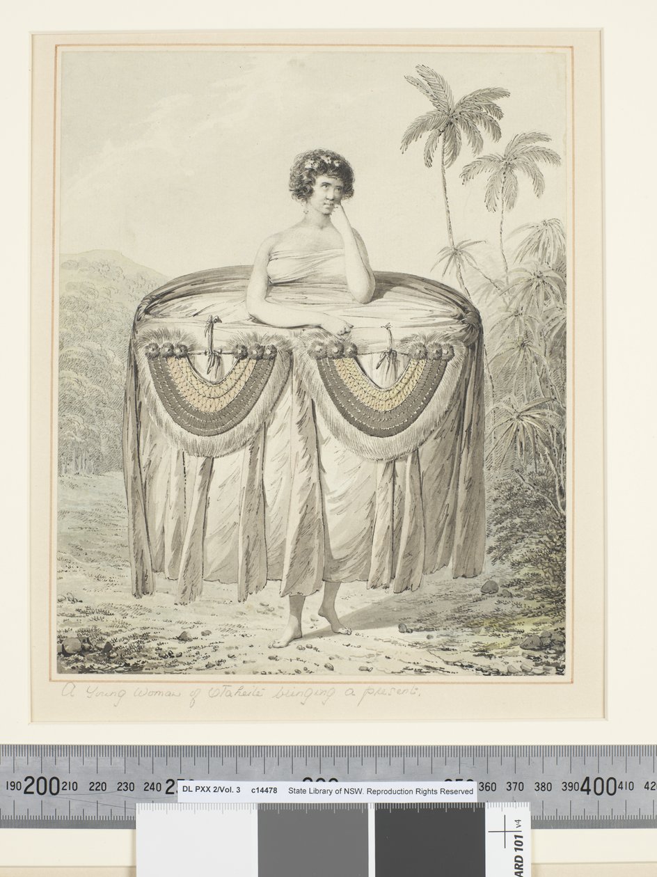 F.12 En ung kvinde fra Otaheite bringer en gave, ca. 1773-84 (akvarel) af John Webber