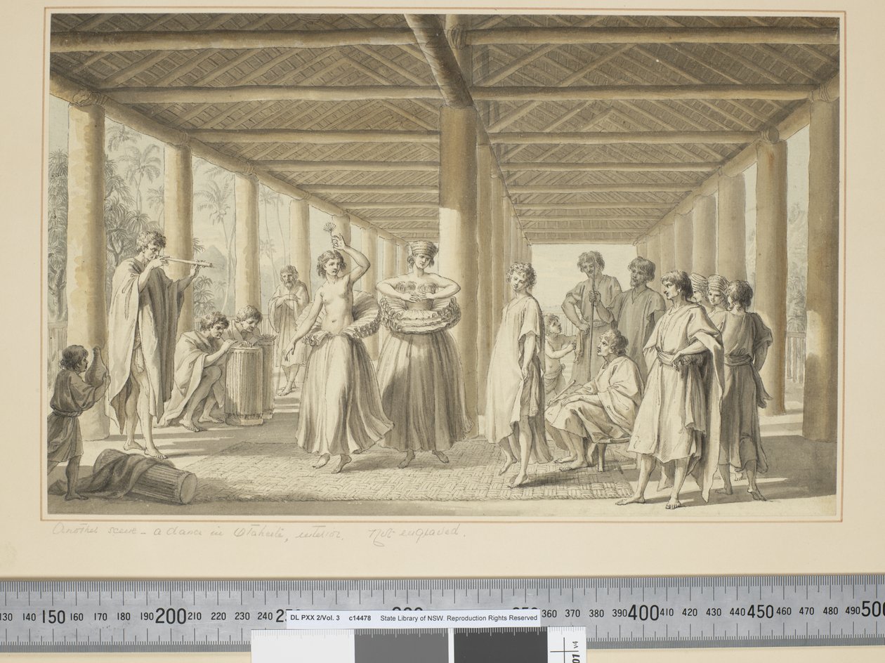 F.14 En anden scene, en dans i Otaheite, eksteriør, ca. 1773-84 (akvarel) af John Webber