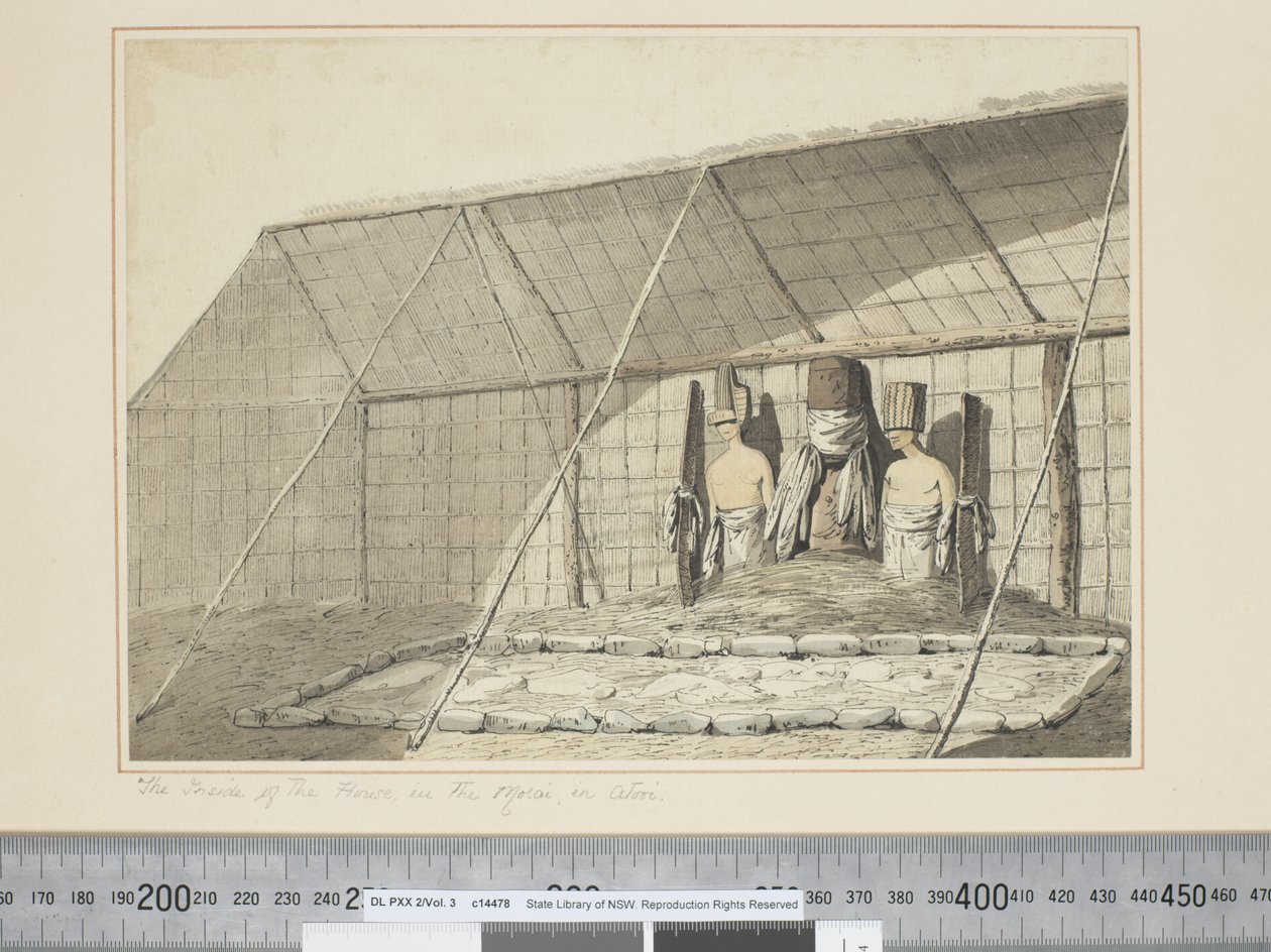 F.18 Indersiden af huset, i Morai, i Atooi, ca. 1773-84 (akvarel) af John Webber